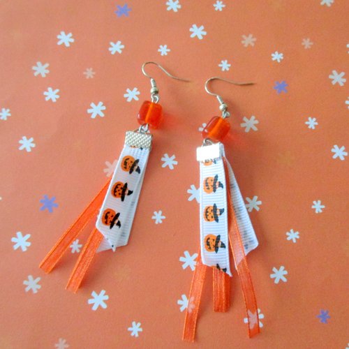 Boucles d'oreilles perle orange et ruban citrouille - halloween