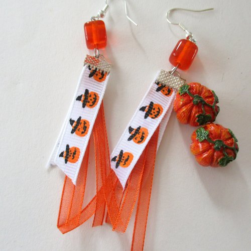 Boucles d'oreilles perle orange et ruban citrouille - halloween - crochets acier chirurgical 