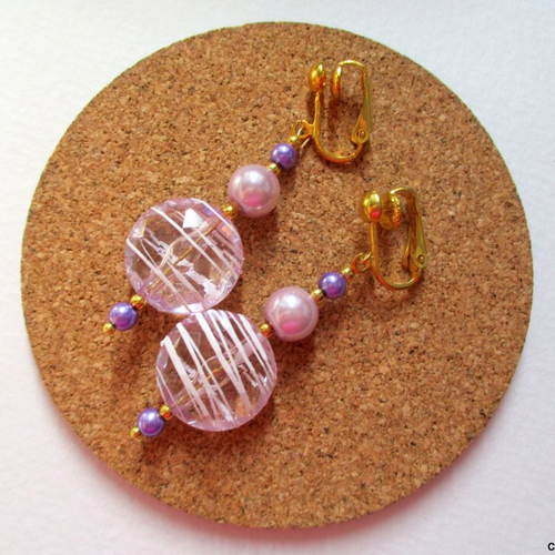 Clips boucles d'oreilles, transparence en mauve et blanc