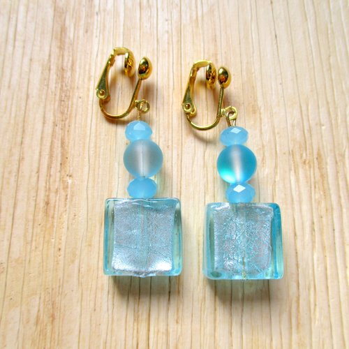 Clips boucles d'oreilles, perle carré couleur turquoise et perle de jade