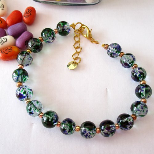 Bracelet de perles en verre transparent à taches de couleur bleue et verte