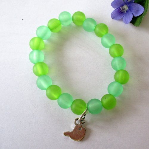 Bracelet de plage et d'été, soleil, et coquillage, en perles givrées vertes
