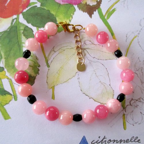 Bracelet agates roses et perles en verre noire - pierre semi précieuse