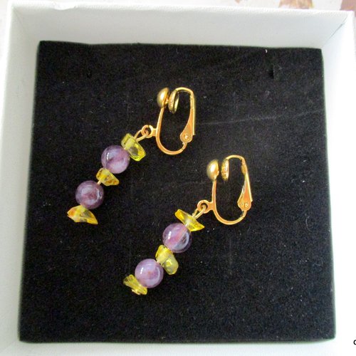Clips boucles d'oreilles améthyste et perles de verre