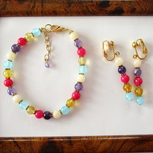 Parure bracelet et clips boucles d'oreilles perles gemmes multicolore