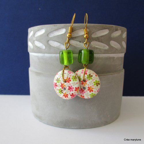 Boucles d'oreilles bouton à fleurs et cube en verre - crochets en acier chirurgical