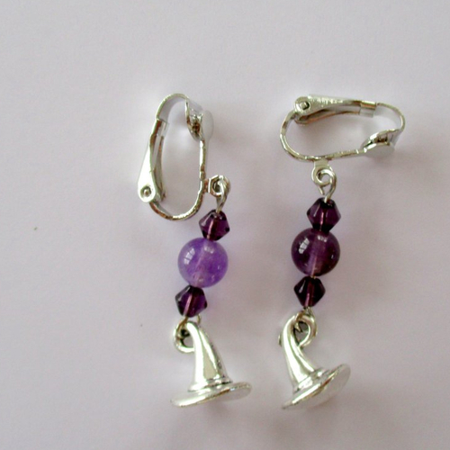 Clips boucles d'oreilles chapeau de sorcière et améthyste pour halloween