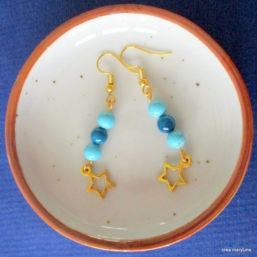 Boucles d'oreilles étoile et perles semi précieuses, turquoise et agate