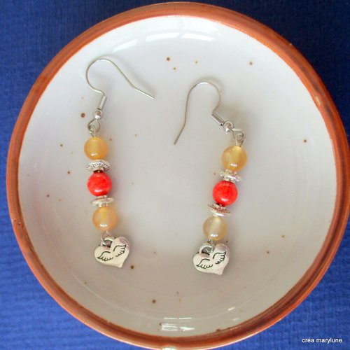 Boucles d'oreilles cœur et pierre semi précieuses jaune et orange, cornaline et jade