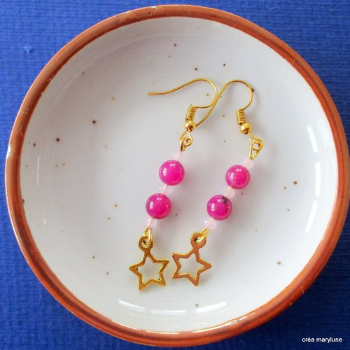Boucles d'oreilles étoile et perles semi précieuses couleur prune, jade