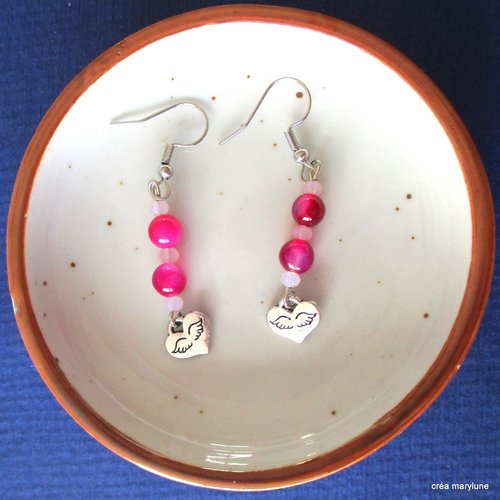 Boucles d'oreilles cœur et pierre semi précieuses rose byzantin, jade