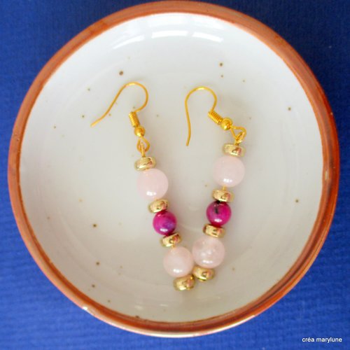 Boucles d'oreilles trio perles semi-précieuses. quartz rose et jade