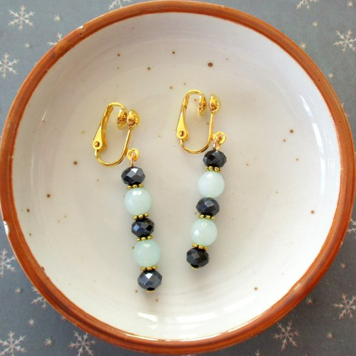 Clips boucles d'oreilles perles bleu marine et amazonite, perle semi précieuse