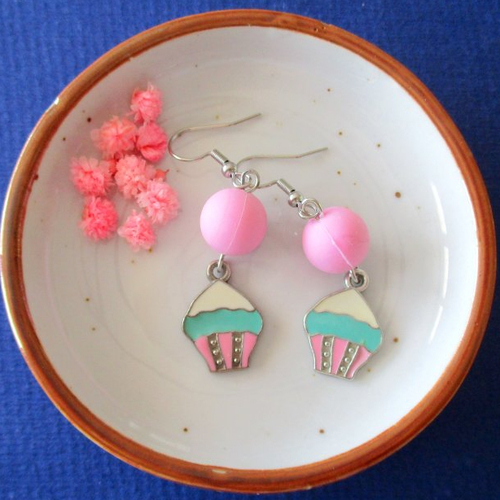 Boucles d'oreilles cupcake rose et bleu