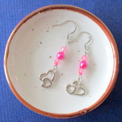 Boucles d'oreilles double cœur rose - crochets en acier inoxydable
