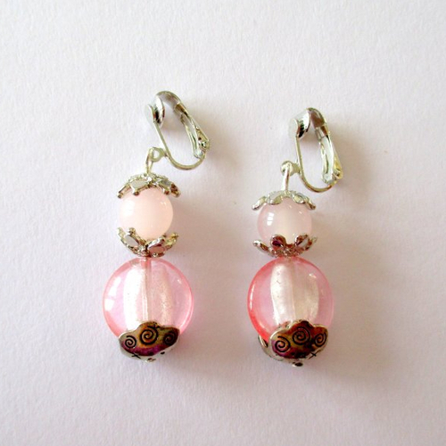 Clips boucles d'oreilles en verre forme palet de couleur rose
