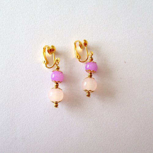 Clips boucles d'oreilles double perles rose et  lilas