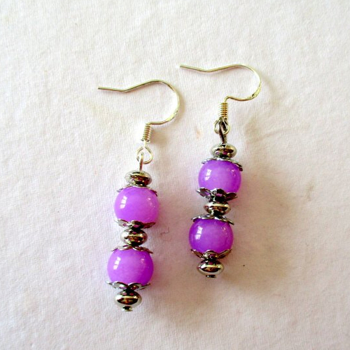 Boucles d'oreilles double perle violette et argent