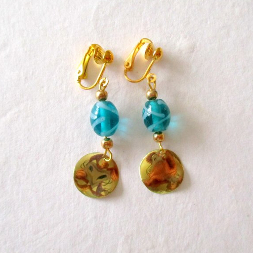 Clips boucles d'oreilles perle couleur turquoise et sequin doré