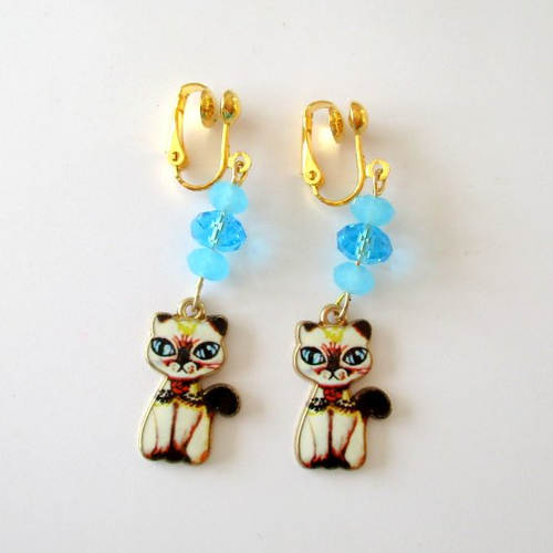 Clips boucles d'oreilles chat bleu bougon