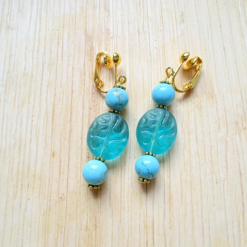 Clips boucles d'oreilles, bleu vert et turquoise