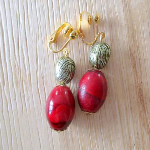 Clips boucles d'oreilles rouge et or