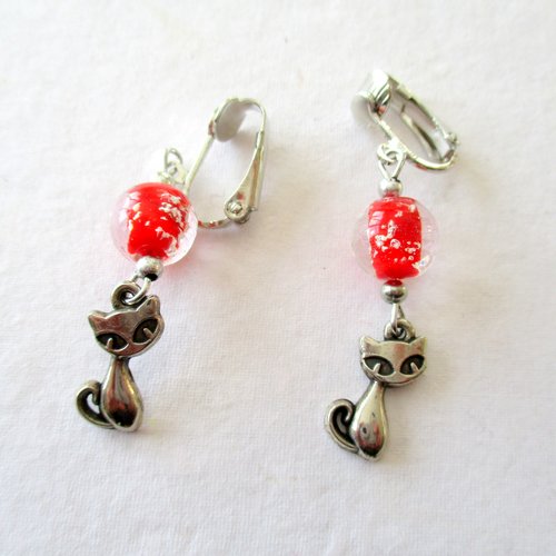 Clips boucles d'oreilles chat à la perle rouge