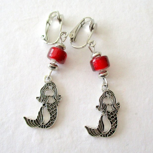 Clips boucles d'oreilles perle rouge et petite sirène