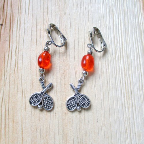 Clips boucles d'oreilles raquettes de tennis et perle orange
