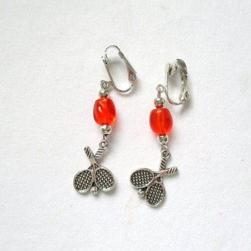 Clips boucles d'oreilles raquettes de tennis et perle orange