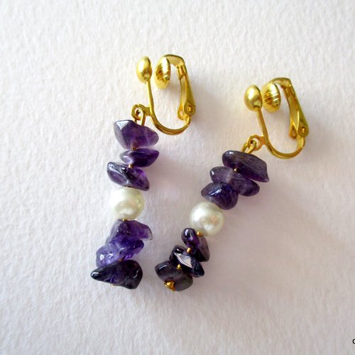 Clips boucles d'oreilles améthyste et perles de verre
