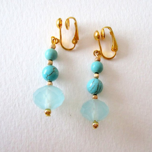 Clips boucles d'oreilles double perle turquoise et perle en verre