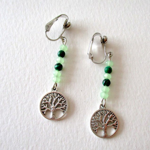 Clips boucles d'oreilles arbre de vie et perles en verre