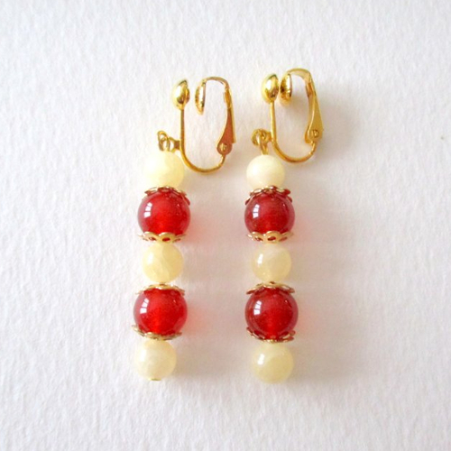 Clips boucles d'oreilles cornaline caramel et jade coquille d'œuf