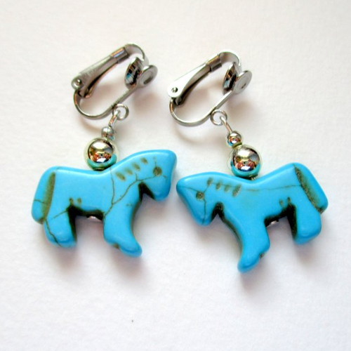 Clips boucles d'oreilles petit cheval turquoise et perle argentée