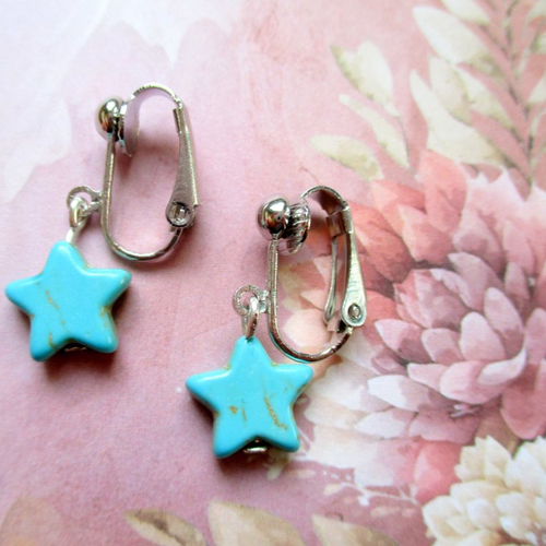 Clips boucles d'oreilles étoile turquoise argenté - petit prix
