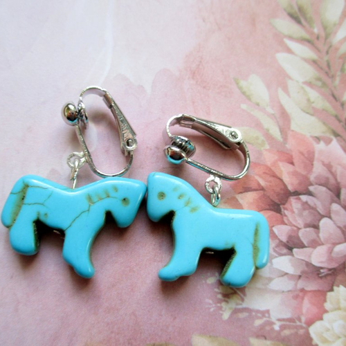Clips boucles d'oreilles cheval turquoise et argent  - petit prix