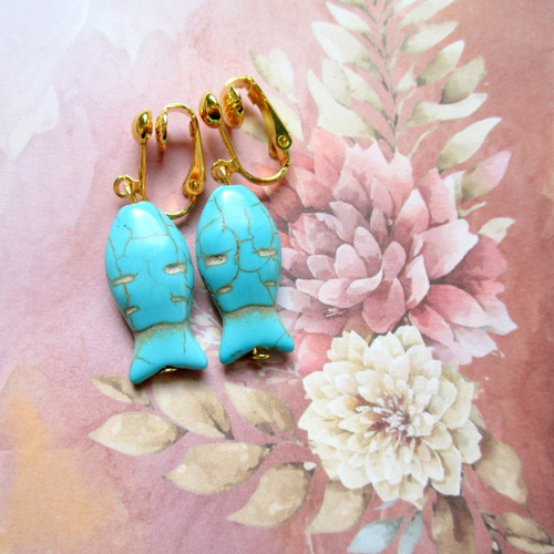 Clips boucles d'oreilles poisson turquoise et doré  - petit prix