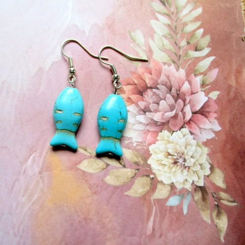 Boucles d'oreilles poisson turquoise et argenté  - petit prix