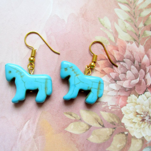 Clips boucles d'oreilles cheval turquoise et doré  - petit prix