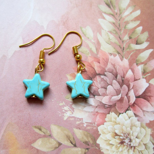 Clips boucles d'oreilles étoile turquoise et doré - petit prix