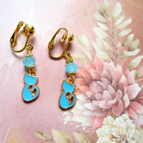 Clips boucles d'oreilles petit chat bleu