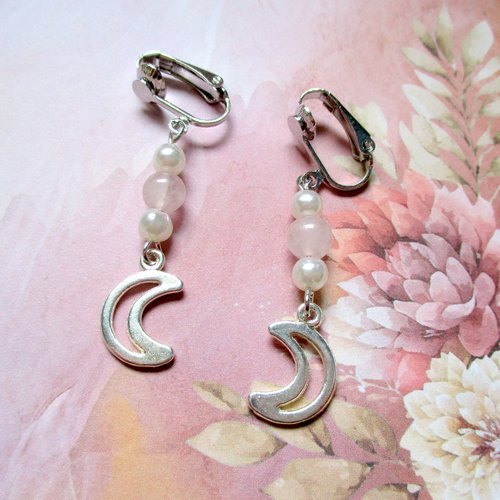 Clips boucles d'oreilles lune et perles rose et blanche