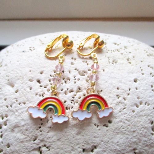 Clips boucles d'oreilles arc-en-ciel bordé de rose