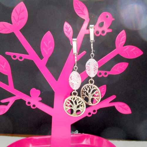 Clips boucles d'oreilles perle plastique et arbre de vie