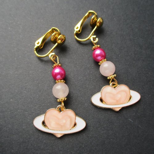 Clips boucles d'oreilles planète cœur rose
