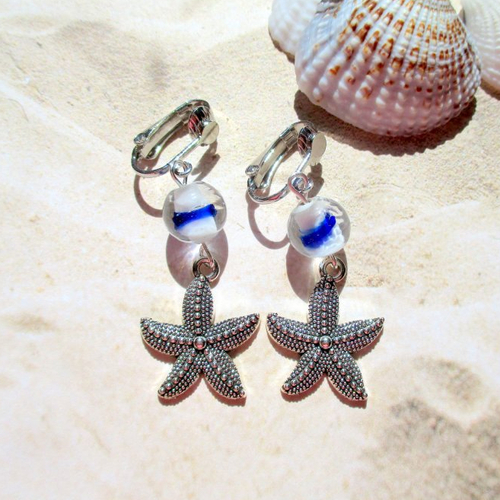 Clips boucles d'oreilles étoile de mer - pendant à perle blanche et bleu - clips acier inoxydable