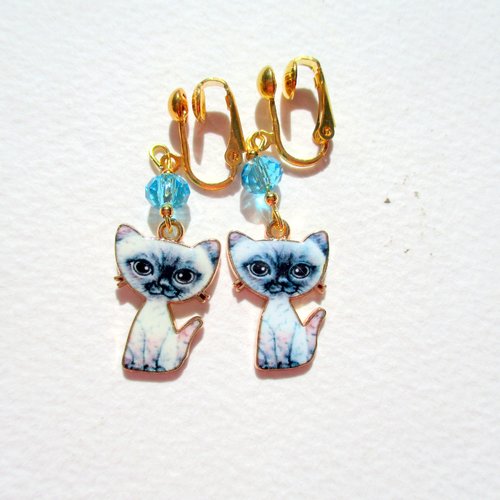 Clips boucles d'oreilles petit chat à nez bleu - clips en acier inoxydable