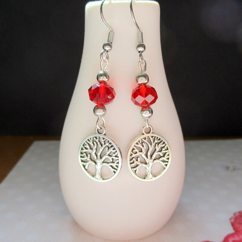Crochet boucles d'oreilles arbre de vie rouge