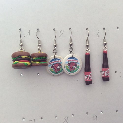 Boucle d'oreille type fimo hamburger,fromage,coca